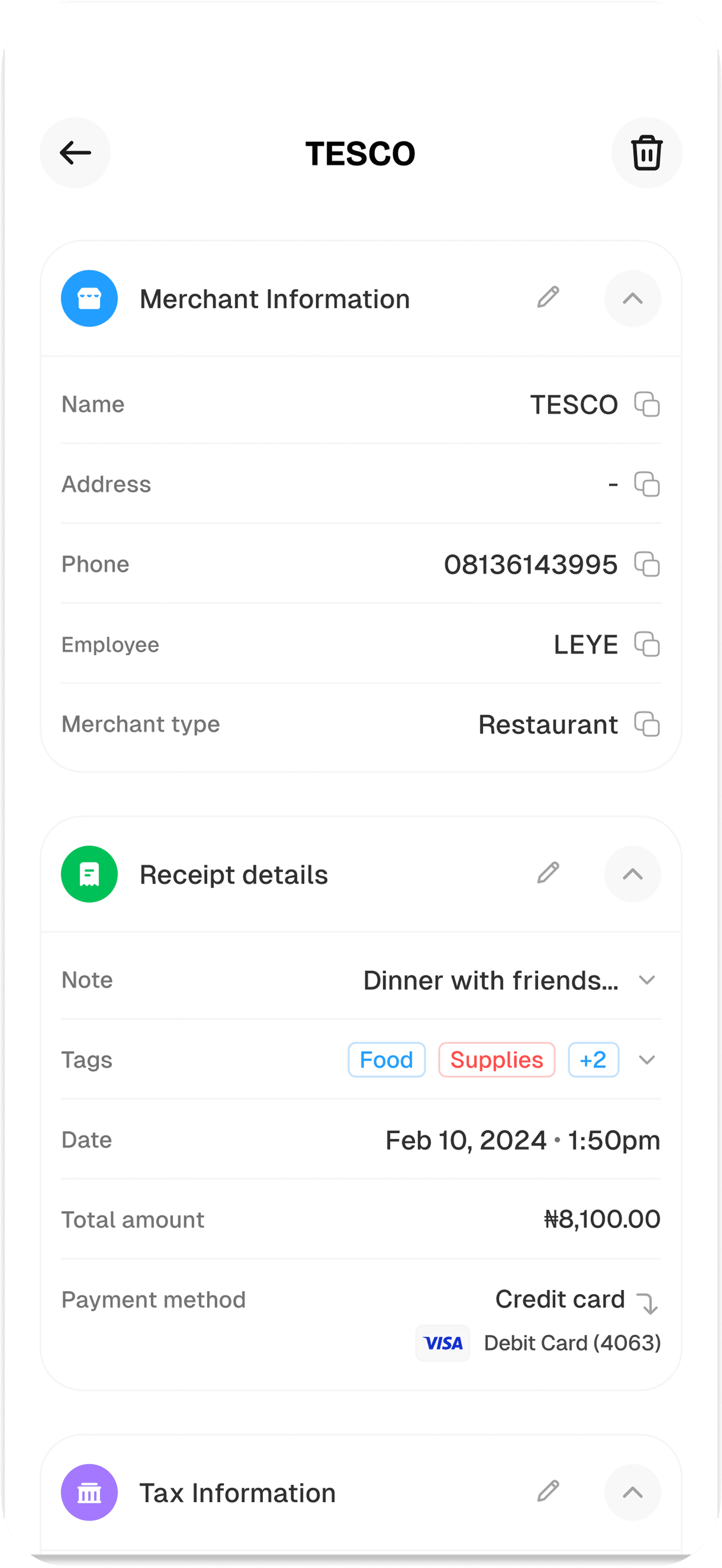 Editing merchant information and receipt details